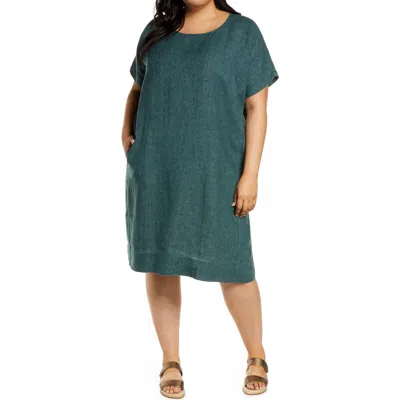 Eileen Fisher Short Sleeve Organic Linen Dress In Green