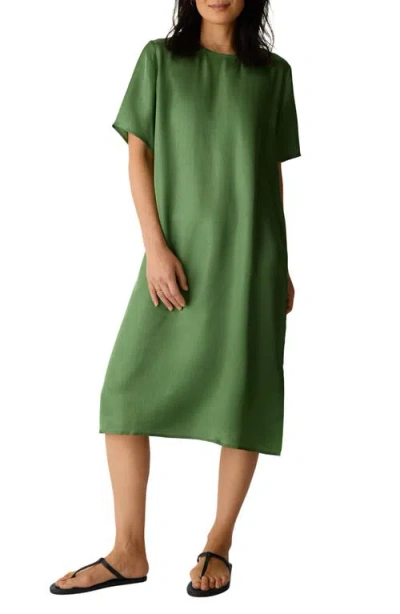 Eileen Fisher Short Sleeve Satin Dress In Green