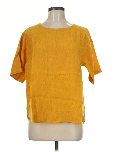 Pre-owned Eileen Fisher Short Sleeve Top Yellow Solid Pattern Square Neckline Tops