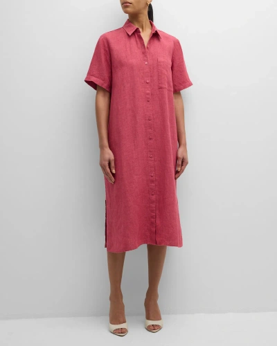 Eileen Fisher Side-slit Organic Linen Midi Shirtdress In Geranium