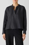 Eileen Fisher Silk & Linen Mandarin Collar Top In Ebony