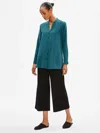 Eileen Fisher Silk Crepe De Chine Stand Collar Shirt In Blue
