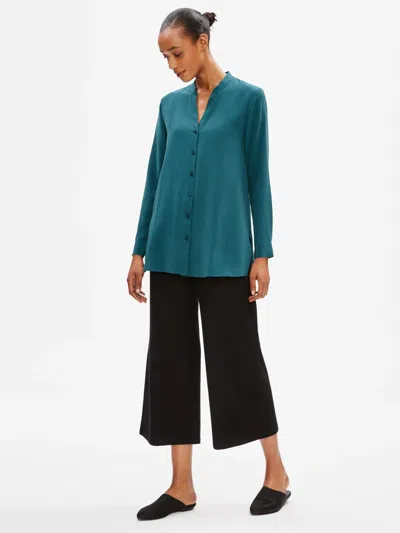 Eileen Fisher Silk Crepe De Chine Stand Collar Shirt In Blue