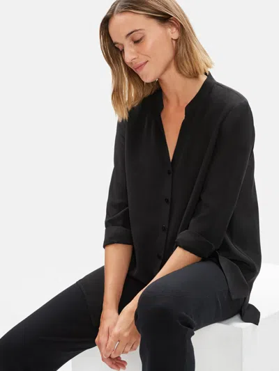 Eileen Fisher Silk Crepe De Chine Stand Collar Shirt In Black