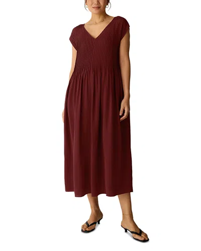 Eileen Fisher Silk Crepe De Chine V Neck Dress In Burgundy