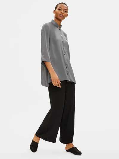 Eileen Fisher Silk Dupioni Stand Collar Shirt In Gray