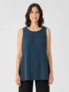 Eileen Fisher Silk Georgette Crepe Ballet Neck Long Tank In Blue