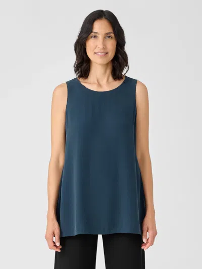 Eileen Fisher Silk Georgette Crepe Ballet Neck Long Tank In Blue