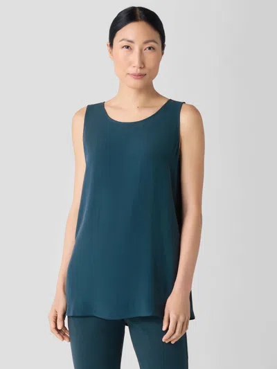 Eileen Fisher Silk Georgette Crepe Ballet Neck Long Tank In Green