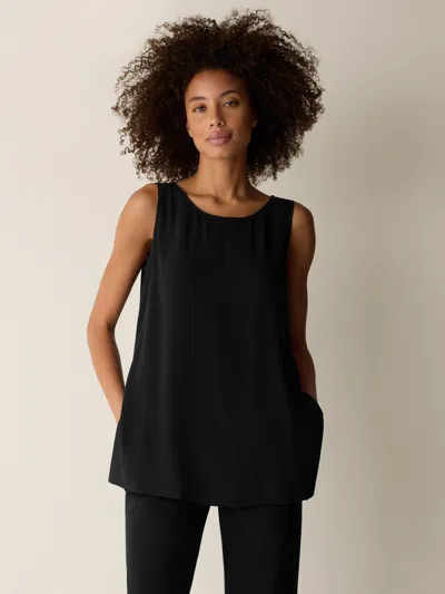 Eileen Fisher Silk Georgette Crepe Ballet Neck Long Tank In Black
