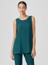Eileen Fisher Silk Georgette Crepe Ballet Neck Long Tank In Blue