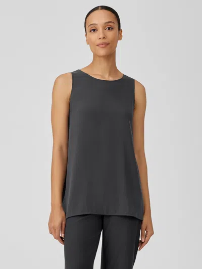 Eileen Fisher Silk Georgette Crepe Ballet Neck Long Tank In Gray