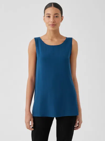 Eileen Fisher Silk Georgette Crepe Ballet Neck Long Tank In Blue