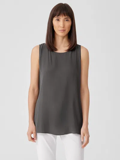 Eileen Fisher Silk Georgette Crepe Ballet Neck Long Tank In Gray