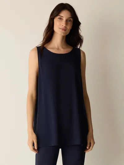 Eileen Fisher Silk Georgette Crepe Ballet Neck Long Tank In Blue