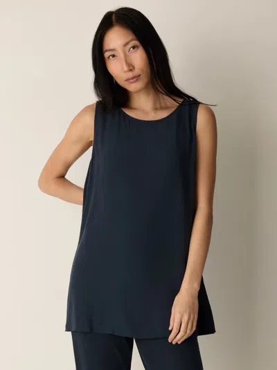 Eileen Fisher Silk Georgette Crepe Ballet Neck Long Tank In Blue