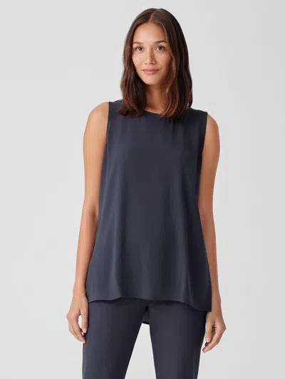 Eileen Fisher Silk Georgette Crepe Ballet Neck Long Tank In Blue
