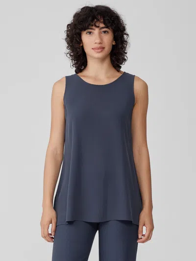 Eileen Fisher Silk Georgette Crepe Ballet Neck Long Tank In Blue