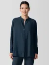 Eileen Fisher Silk Georgette Crepe Band Collar Shirt In Blue