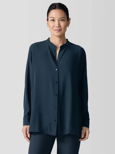 Eileen Fisher Silk Georgette Crepe Band Collar Shirt In Blue