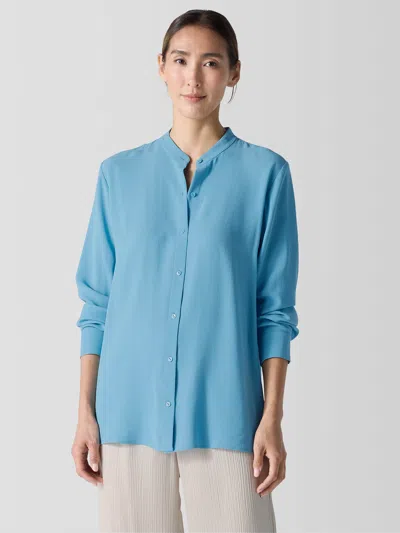 Eileen Fisher Silk Georgette Crepe Band Collar Shirt In Blue