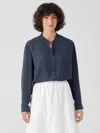 Eileen Fisher Silk Georgette Crepe Band Collar Shirt In Blue