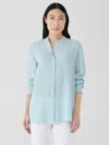 Eileen Fisher Silk Georgette Crepe Band Collar Shirt In Blue