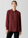 Eileen Fisher Silk Georgette Crepe Band Collar Shirt In Red
