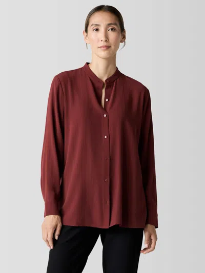 Eileen Fisher Silk Georgette Crepe Band Collar Shirt In Red