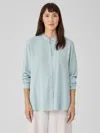 Eileen Fisher Silk Georgette Crepe Band Collar Shirt In Blue