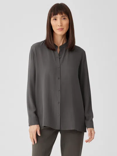 Eileen Fisher Silk Georgette Crepe Band Collar Shirt In Green
