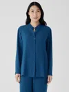 Eileen Fisher Silk Georgette Crepe Band Collar Shirt In Green