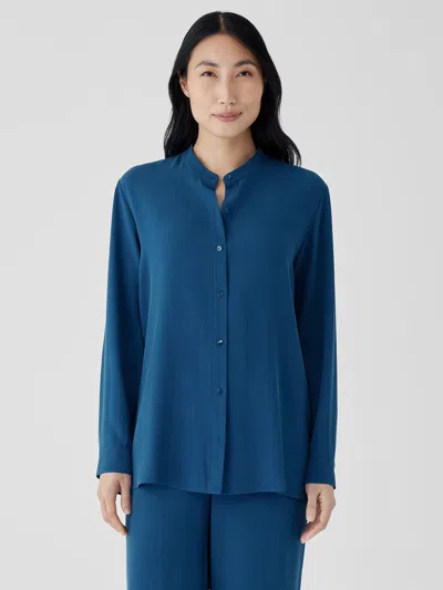 Eileen Fisher Silk Georgette Crepe Band Collar Shirt In Green