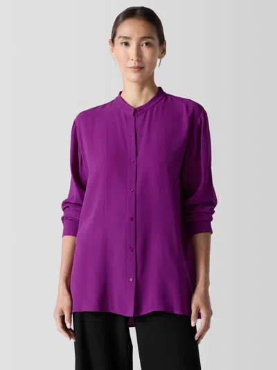 Eileen Fisher Silk Georgette Crepe Band Collar Shirt In Purple