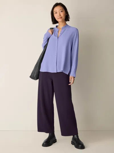 Eileen Fisher Silk Georgette Crepe Band Collar Top In Blue