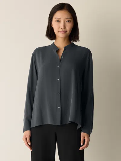 Eileen Fisher Silk Georgette Crepe Band Collar Top In Gray