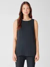 Eileen Fisher Silk Georgette Crepe Bateau Neck Tank In Blue