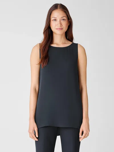 Eileen Fisher Silk Georgette Crepe Bateau Neck Tank In Blue