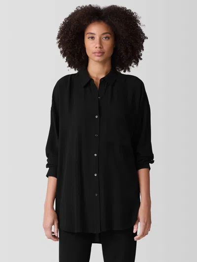 Eileen Fisher Silk Georgette Crepe Classic Collar Long Shirt In Black