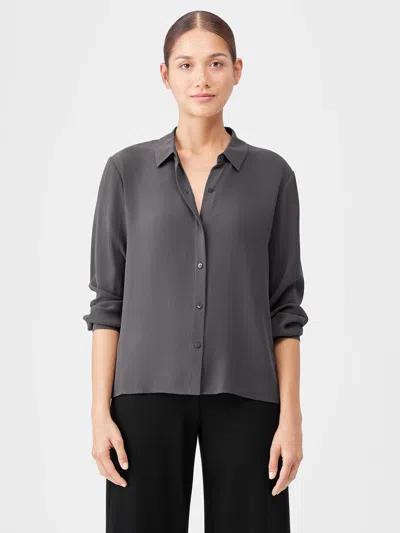 Eileen Fisher Silk Georgette Crepe Classic Collar Shirt In Gray