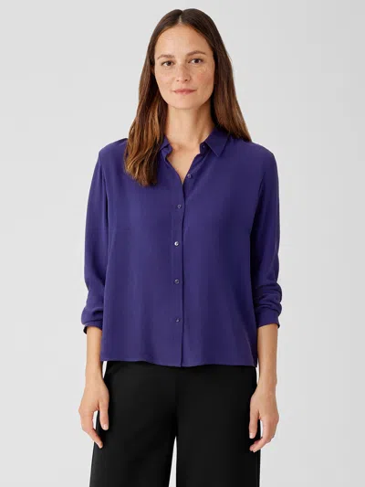 Eileen Fisher Silk Georgette Crepe Classic Collar Shirt In Blue