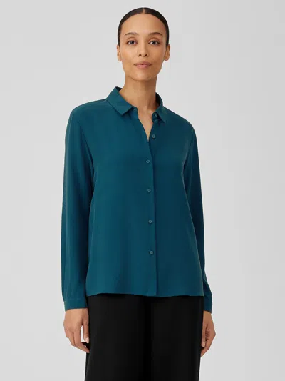 Eileen Fisher Silk Georgette Crepe Classic Collar Shirt In Blue