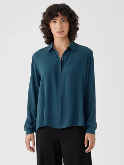 Eileen Fisher Silk Georgette Crepe Classic Collar Shirt In Blue