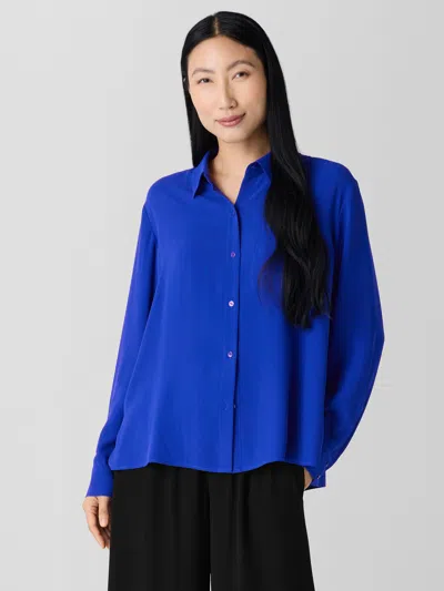 Eileen Fisher Silk Georgette Crepe Classic Collar Shirt In Blue