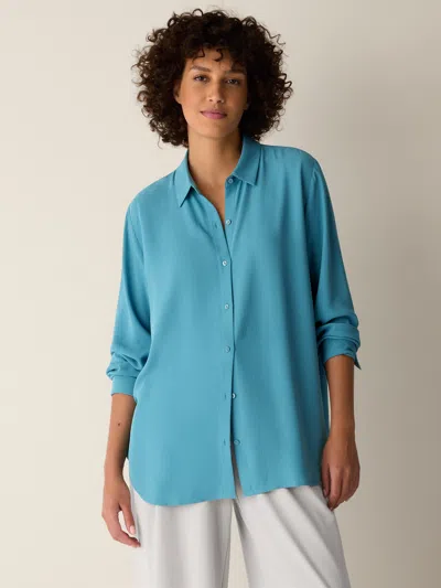 Eileen Fisher Silk Georgette Crepe Classic Collar Shirt In Blue