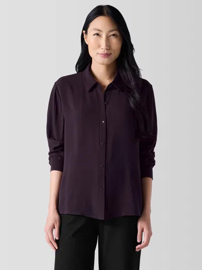 Eileen Fisher Silk Georgette Crepe Classic Collar Shirt In Brown
