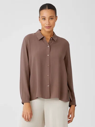 Eileen Fisher Silk Georgette Crepe Classic Collar Shirt In Brown