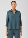 Eileen Fisher Silk Georgette Crepe Classic Collar Shirt In Green
