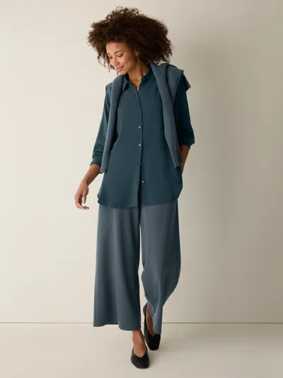 Eileen Fisher Silk Georgette Crepe Classic Collar Shirt In Green