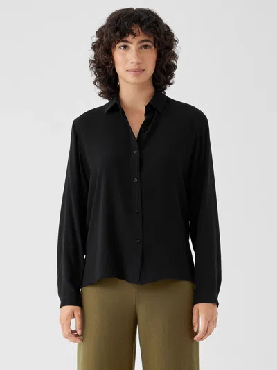 Eileen Fisher Silk Georgette Crepe Classic Collar Shirt In Black